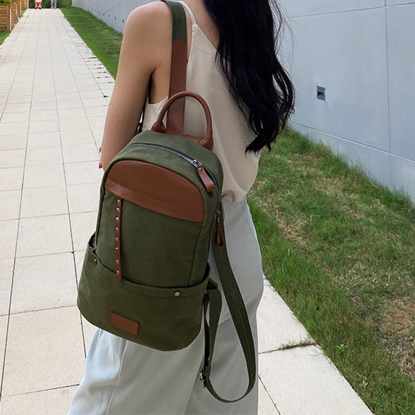 Green-Canvas-and-Leather-Backpack-Bag-Handmade-Canvas-Rucksacks-Travel-Backpack-for-Women-Chic