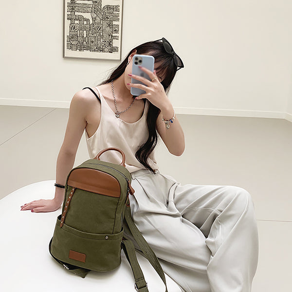 Green-Canvas-and-Leather-Backpack-Bag-Handmade-Canvas-Rucksacks-Travel-Backpack-for-Women-Cool