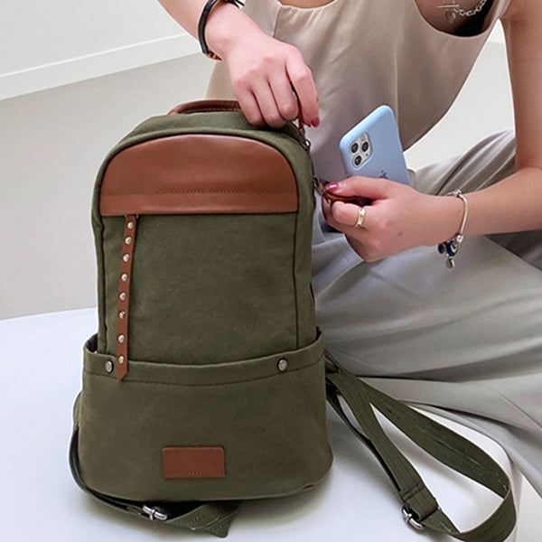 Green-Canvas-and-Leather-Backpack-Bag-Handmade-Canvas-Rucksacks-Travel-Backpack-for-Women-Cute