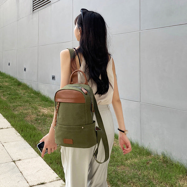 Green-Canvas-and-Leather-Backpack-Bag-Handmade-Canvas-Rucksacks-Travel-Backpack-for-Women-Durable