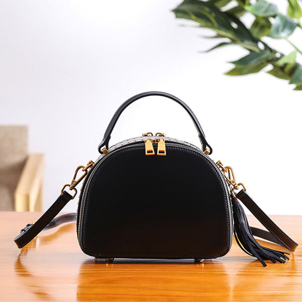 Half Round Red Leather Crossbody Bags Shoulder Bag Purses for Women Black