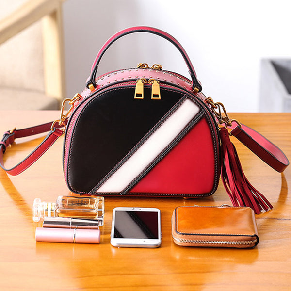 Half Round Red Leather Crossbody Bags Shoulder Bag Purses for Women Boutique