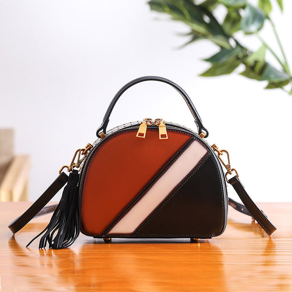 Half Round Red Leather Crossbody Bags Shoulder Bag Purses for Women Brown