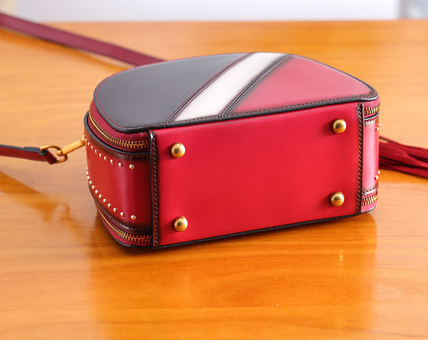 Half Round Red Leather Crossbody Bags Shoulder Bag Purses for Women work bag