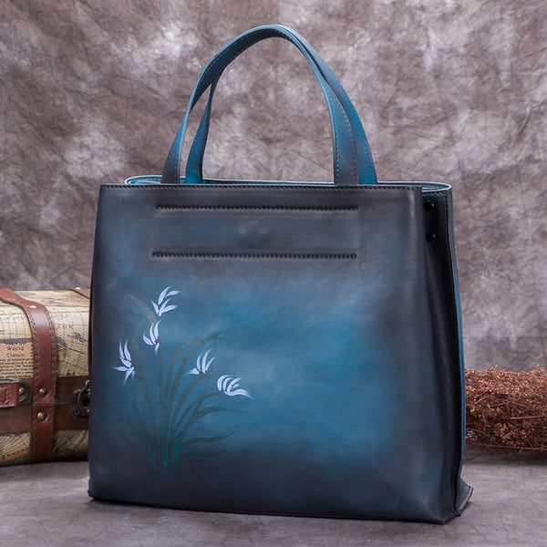 Handmade Genuine Leather Handbags Totes Bags Purses Accessories Gift Women Blue Cymbidium