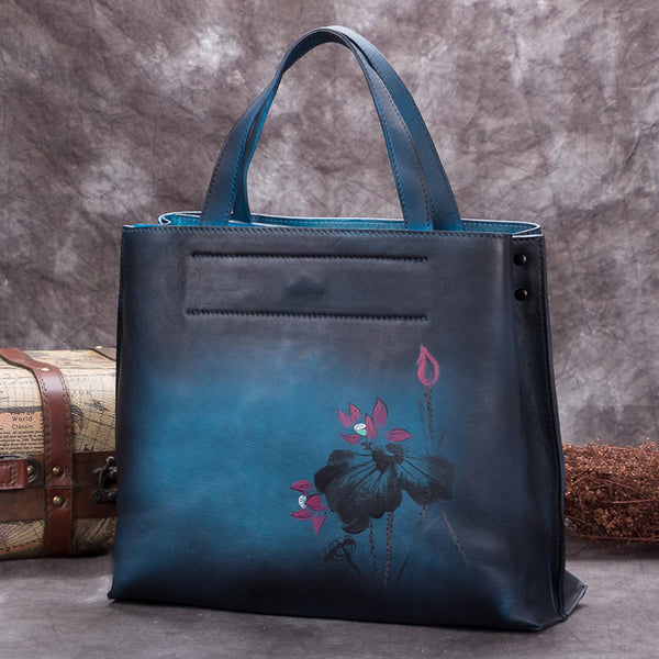 Handmade Genuine Leather Handbags Totes Bags Purses Accessories Gift Women Blue Lotus