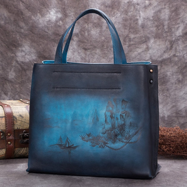 Handmade Genuine Leather Handbags Totes Bags Purses Accessories Gift Women Blue landscape painting