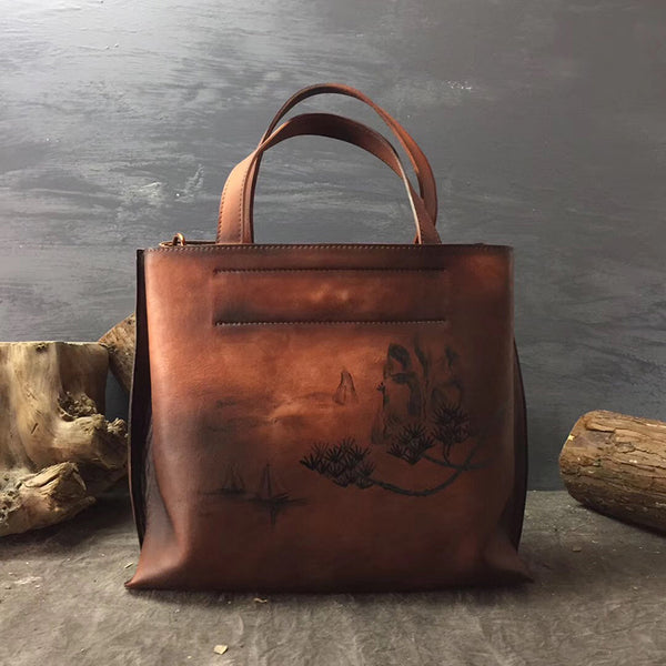 Handmade Genuine Leather Handbags Totes Bags Purses Accessories Gift Women Brown Landscape Painting