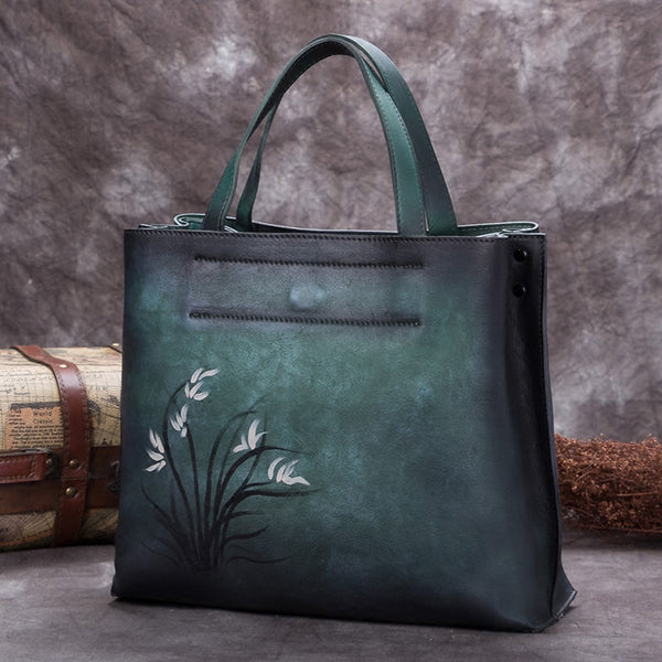 Handmade Genuine Leather Handbags Totes Bags Purses Accessories Gift Women Green Cymbidium