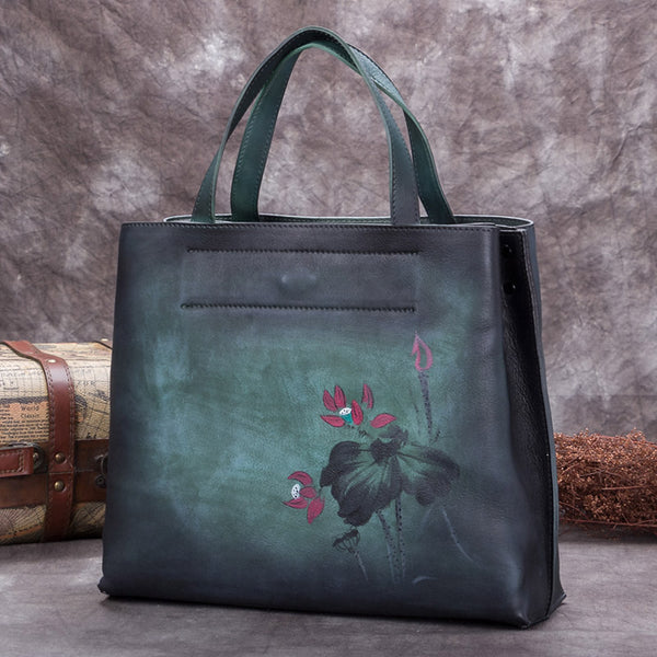 Handmade Genuine Leather Handbags Totes Bags Purses Accessories Gift Women Green Lotus