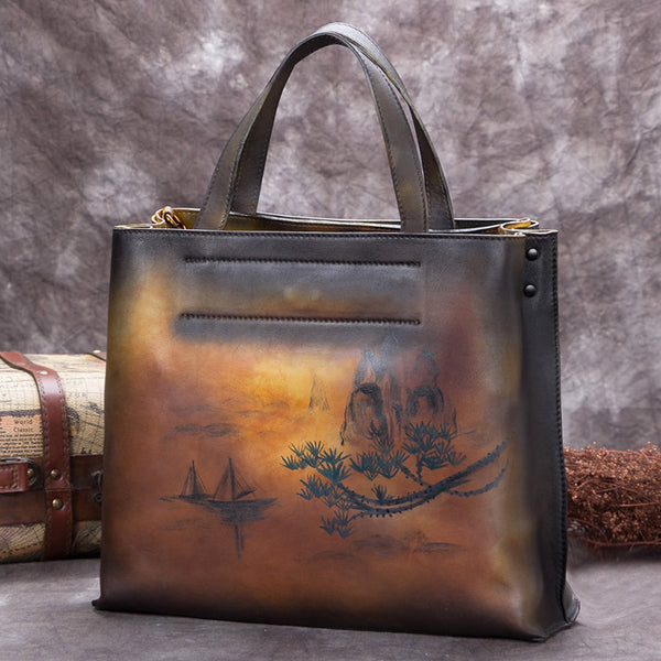 Handmade Genuine Leather Handbags Totes Bags Purses Accessories Gift Women Yellow Landscape Painting