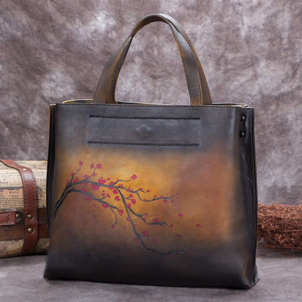 Handmade Genuine Leather Handbags Totes Bags Purses Accessories Gift Women Yellow Plum Blossom