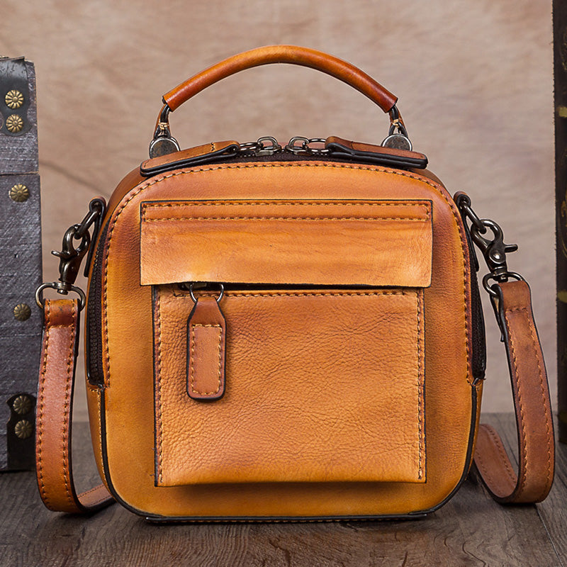 Handmade Genuine Leather Mini Handbag Crossbody Shoulder Bags Purses Women Brown