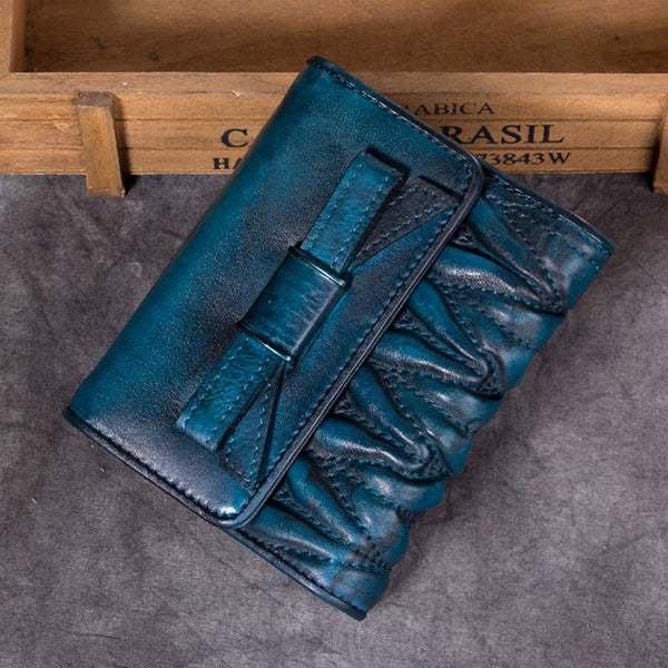Handmade Genuine Leather Short Wallets Clutches Purses Accessories Gift Women Blue