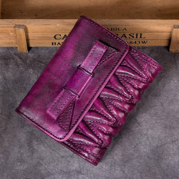 Handmade Genuine Leather Short Wallets Clutches Purses Accessories Gift Women Purple