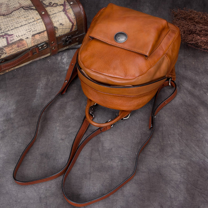 Handmade Genuine Leather Small Backpack Bags School Bags Purses Handbags Women Brown