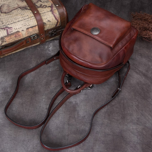 Handmade Genuine Leather Small Backpack Bags School Bags Purses Handbags Women Coffee
