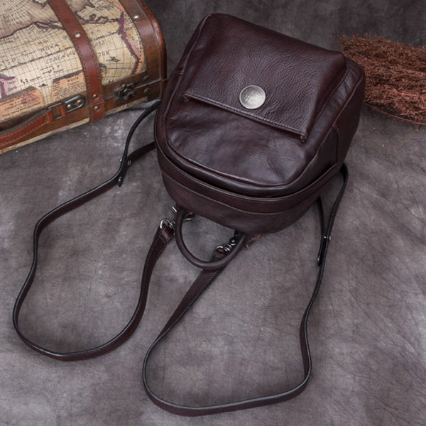 Handmade Genuine Leather Small Backpack Bags School Bags Purses Handbags Women Dark-Coffee
