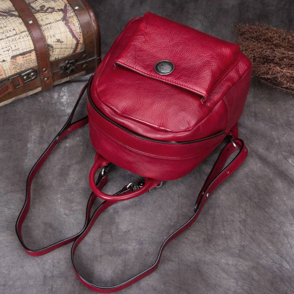 Handmade Genuine Leather Small Backpack Bags School Bags Purses Handbags Women Red