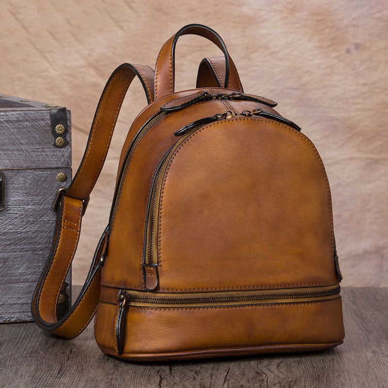 Handmade Genuine Leather Small Backpack Laptop Bags School Bags Purses Women Brown