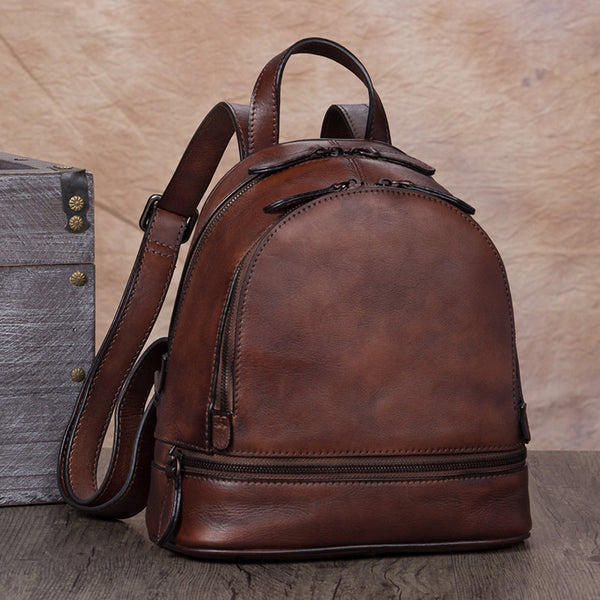 Handmade Genuine Leather Small Backpack Laptop Bags School Bags Purses Women Coffee