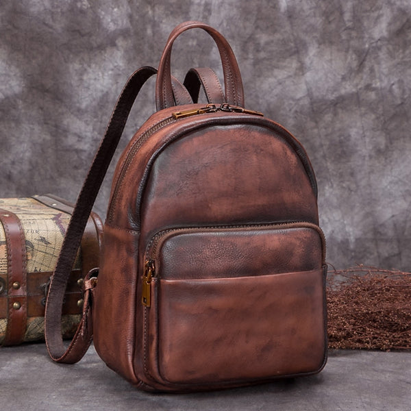 Handmade Genuine Leather Small Backpack Laptop Bags School Bags Purses Women Coffee