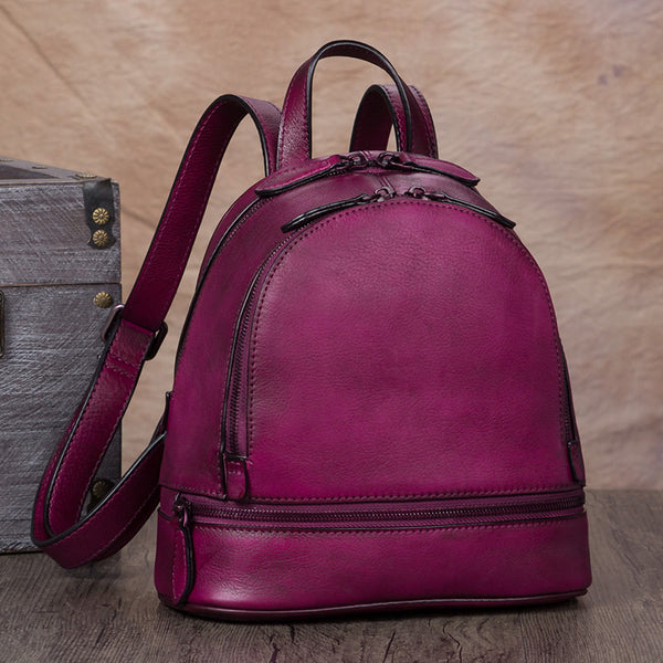 Handmade Genuine Leather Small Backpack Laptop Bags School Bags Purses Women Purple