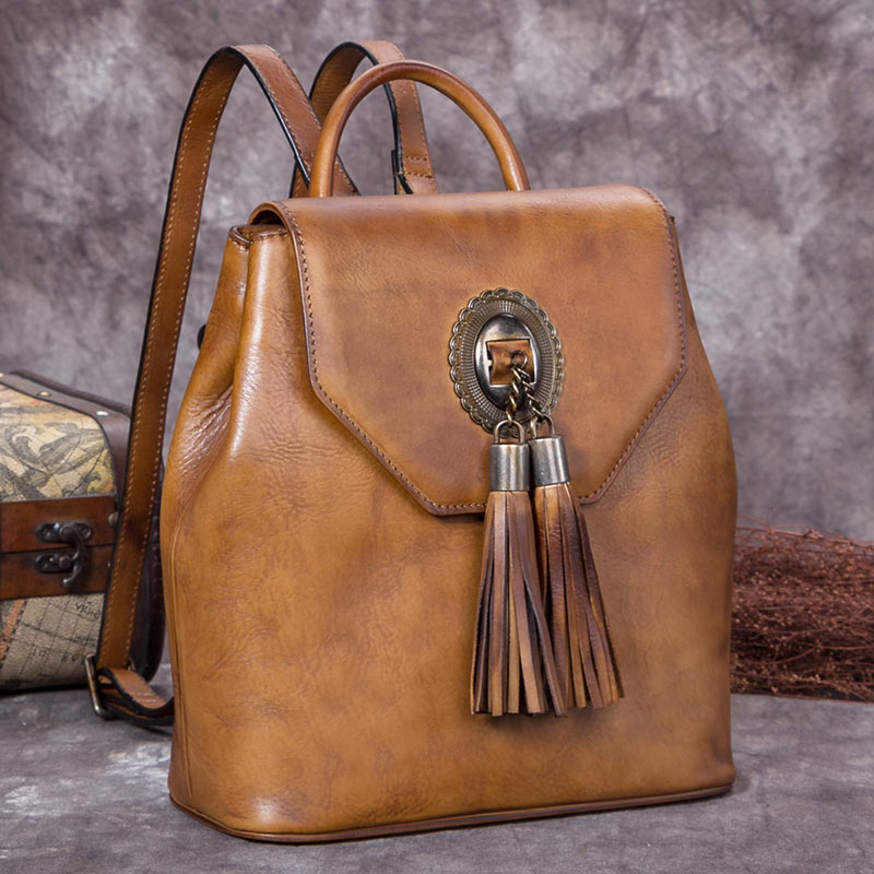 Handmade Genuine Leather Vintage Backpack Bags handbag School Bags Purses Women Brown