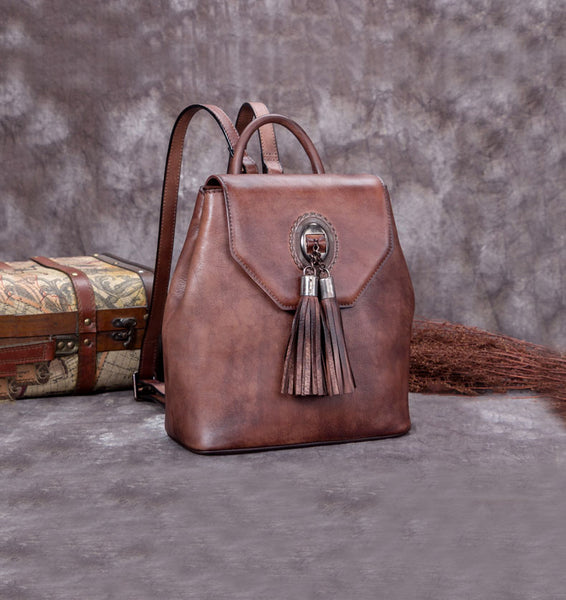 Handmade Genuine Leather Vintage Backpack Bags handbag School Bags Purses Women Coffee