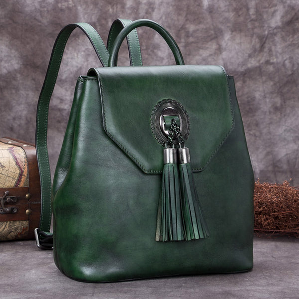Handmade Genuine Leather Vintage Backpack Bags handbag School Bags Purses Women Green