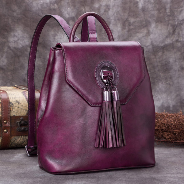 Handmade Genuine Leather Vintage Backpack Bags handbag School Bags Purses Women Purple