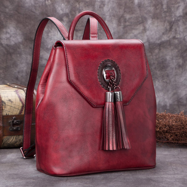 Handmade Genuine Leather Vintage Backpack Bags handbag School Bags Purses Women Red 