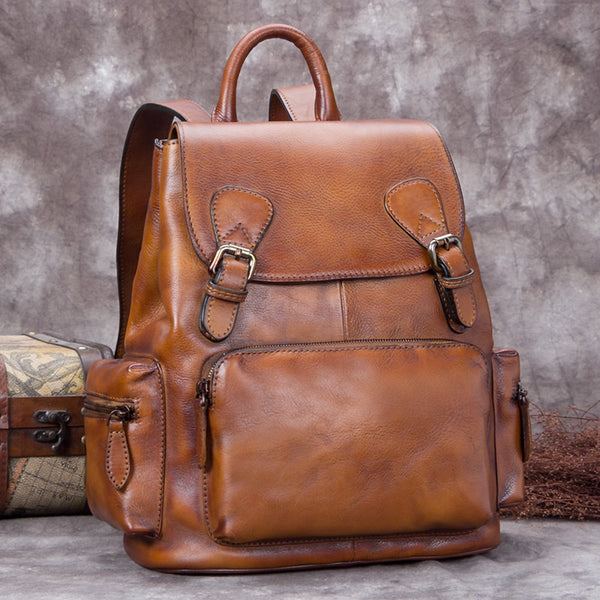 Handmade Genuine Leather Vintage Backpack Laptop School Bags Purses Women Brown