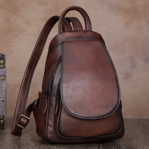 Handmade Genuine Leather Vintage Backpack Laptop School Bags Purses Women Coffee