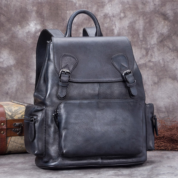 Handmade Genuine Leather Vintage Backpack Laptop School Bags Purses Women Grey