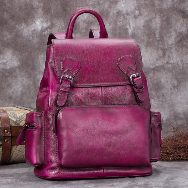 Handmade Genuine Leather Vintage Backpack Laptop School Bags Purses Women Purple