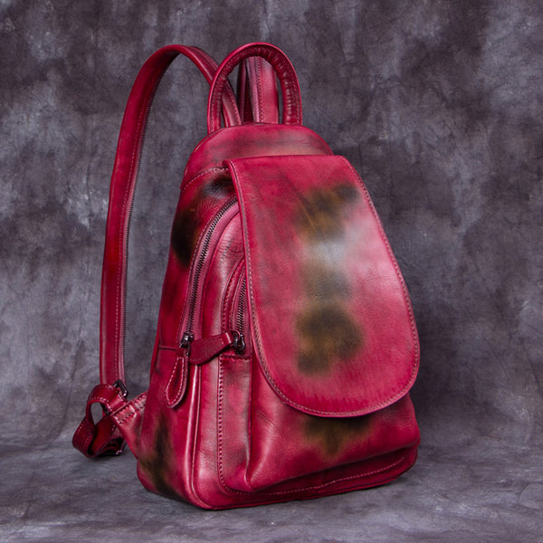 Handmade Genuine Leather Vintage Backpack Laptop School Bags Purses Women Red&Brown