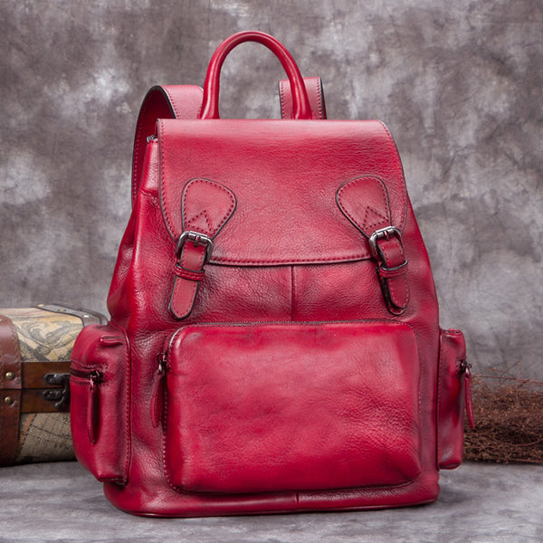 Handmade Genuine Leather Vintage Backpack Laptop School Bags Purses Women Red