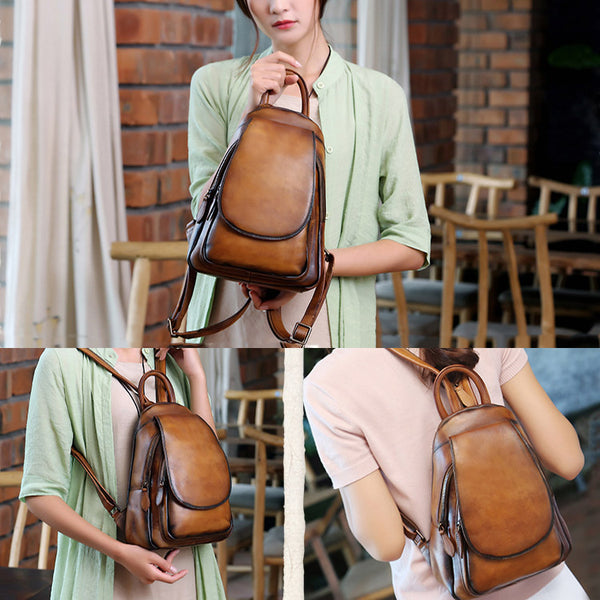 Womens Brown Dyeing Leather Backpack Purse Laptop Book Bag for Women