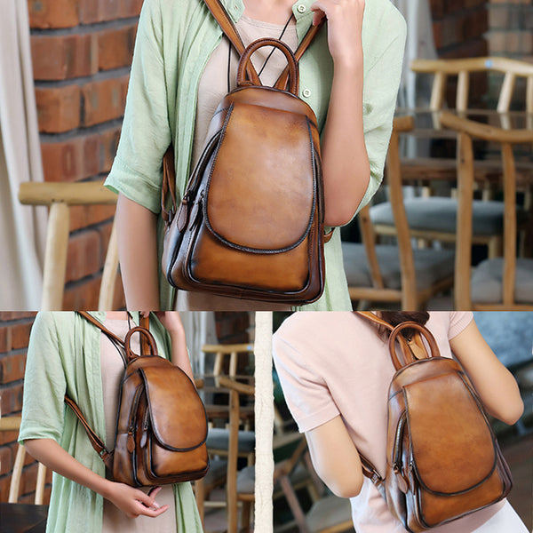Handmade Genuine Leather Vintage Backpack Laptop School Bags Purses Women fashionable