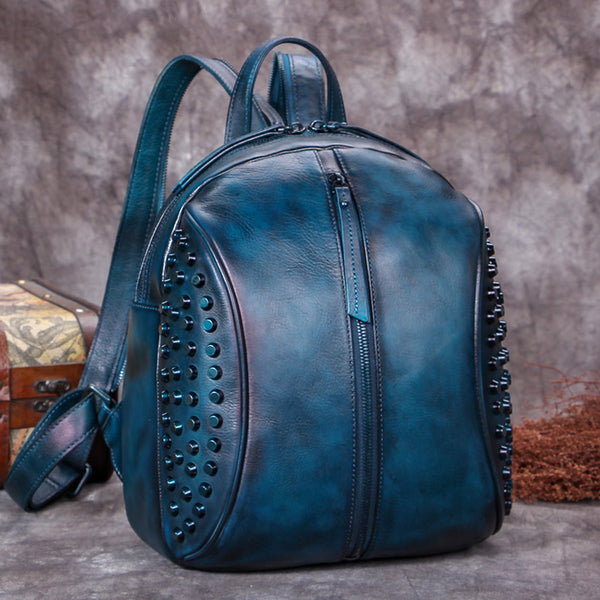 Handmade Genuine Leather Vintage Backpacks Handbag School bags Purses Women Blue
