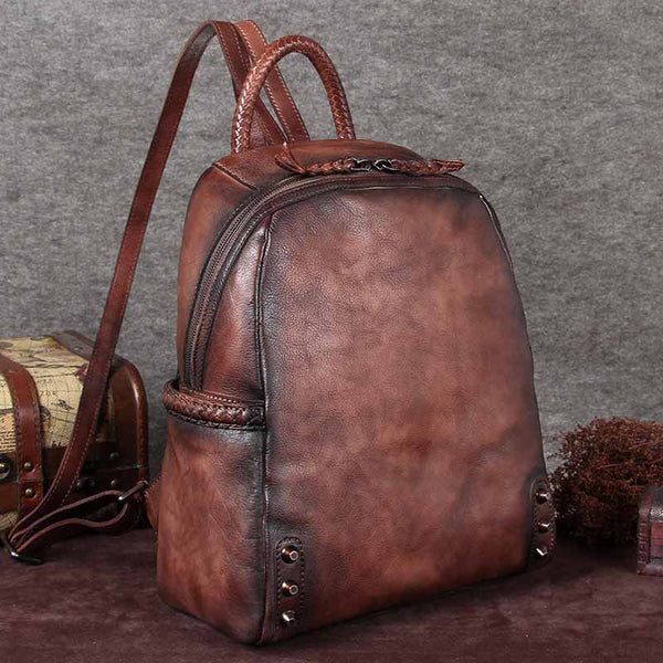 14" Medium Ladies Brown Leather Laptop Backpack Purse Book Bags for Women