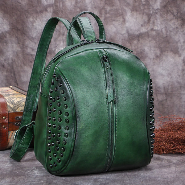 Handmade Genuine Leather Vintage Backpacks Handbag School bags Purses Women Green