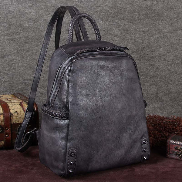 Handmade Genuine Leather Vintage Backpacks Handbag School bags Purses Women Grey
