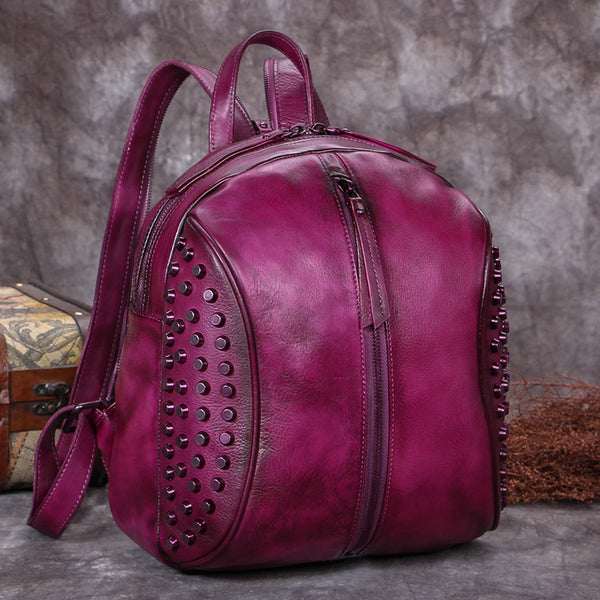 Handmade Genuine Leather Vintage Backpacks Handbag School bags Purses Women Purple