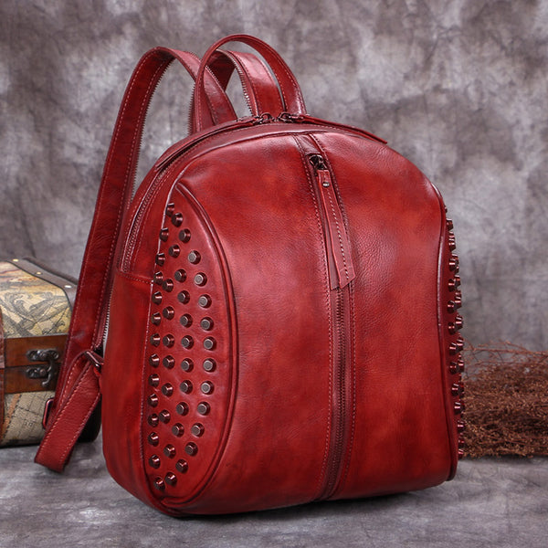 Handmade Genuine Leather Vintage Backpacks Handbag School bags Purses Women Red