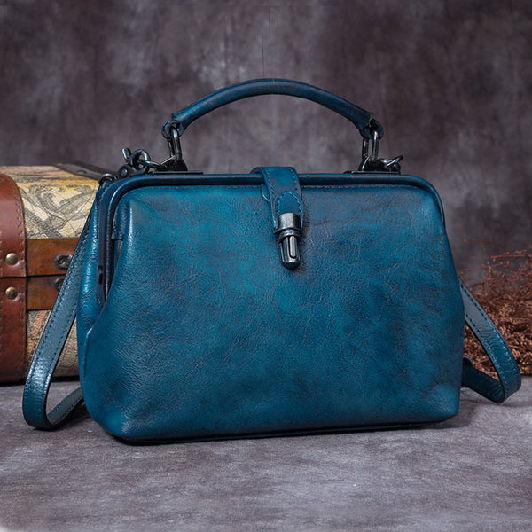 Handmade Genuine Leather Vintage Handbag Crossbody Shoulder Bags Purses Women Blue