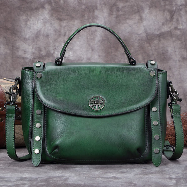 Handmade Genuine Leather Vintage Handbag Crossbody Shoulder Bags Purses Women Green