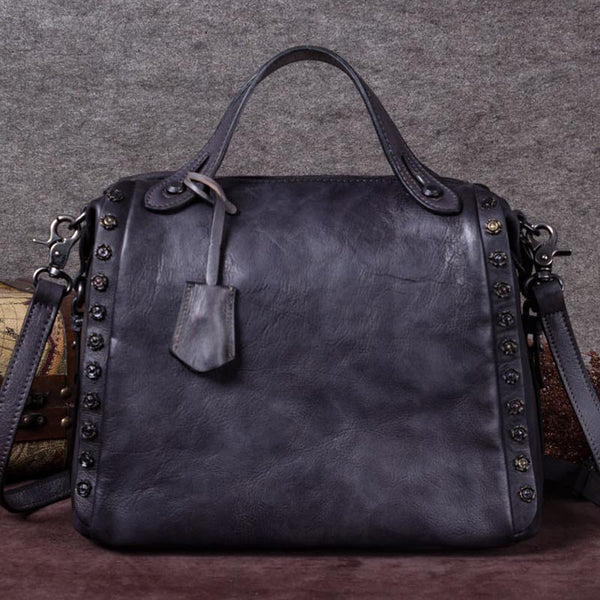 Handmade Genuine Leather Vintage Handbag Crossbody Shoulder Bags Purses Women Grey big