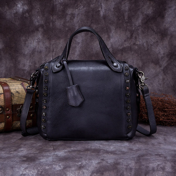 Handmade Genuine Leather Vintage Handbag Crossbody Shoulder Bags Purses Women Grey small
